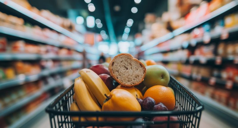 Shopping cart full of groceries