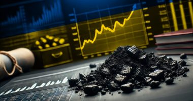 Pieces of coal on a table with financial graphs