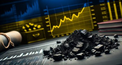 Pieces of coal on a table with financial graphs