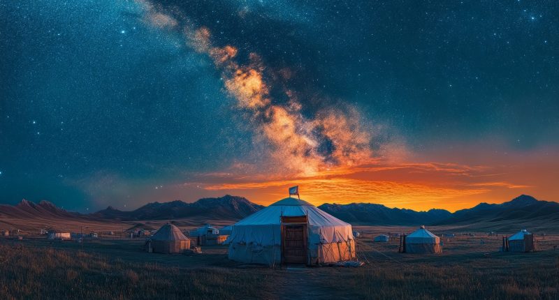 Yurts standing on grass under a scenic sky