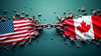 US and Canadian flags with a chain between them