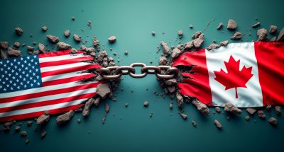 US and Canadian flags with a chain between them