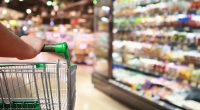 Woman pushing a supermarket trolley