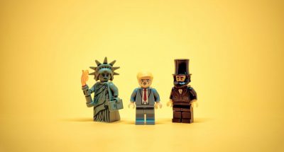 Lego figurines of the Statue of Liberty, Donald Trump and Abraham Lincoln