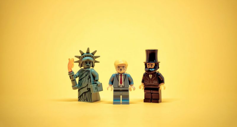 Lego figurines of the Statue of Liberty, Donald Trump and Abraham Lincoln