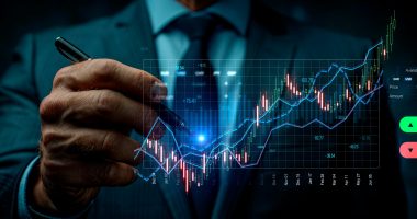 A businessman analyzing a digital stock market chart, blue and black background, investment concept. Generative AI