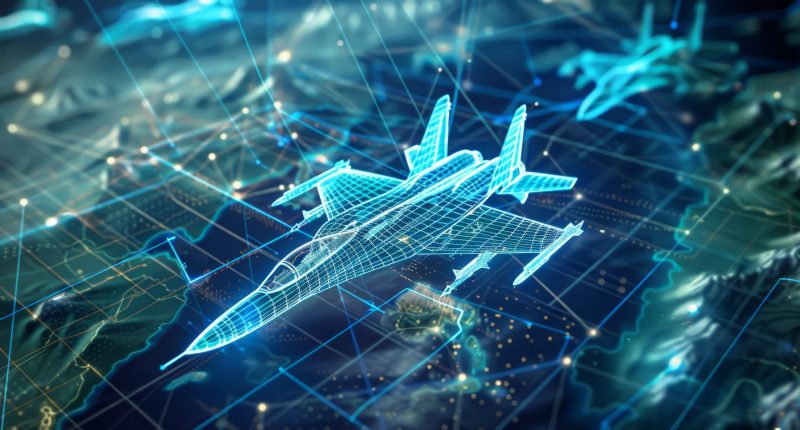 AI image of a digital wireframe jet fighter flying over terrain map