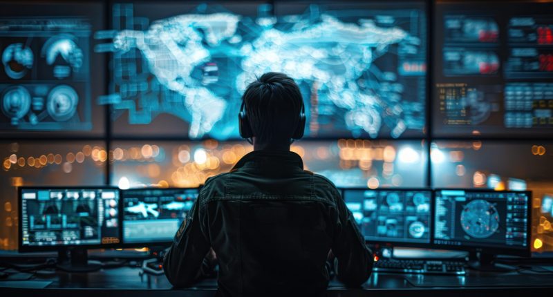Image of a man sitting in front of a computer concentrating on defence systems