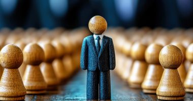 Wooden figurines representing people, one of whom is in a leadership position
