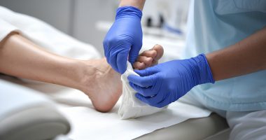 A nurse in blue gloves treating a person's foot