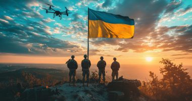 Ukrainian soldier with the flag of their country
