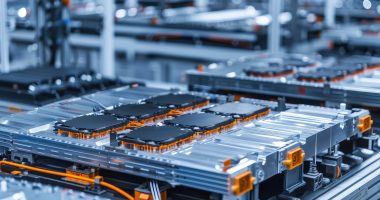 Electric Car Battery Assembly production Line. Automated assembly line producing electric vehicle batteries in a modern factory.