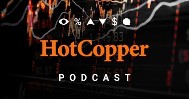 A logo page that reads Hotcopper Podcast on a stylised market background.
