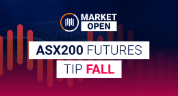 The words "Market Open ASX 200 Futures Tip FALL" appear stacked atop one another next to ASX company iconography.